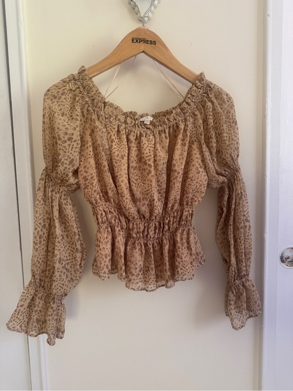 Nordstrom Wayf Beige Animal-Print Smocked Peplum Top
